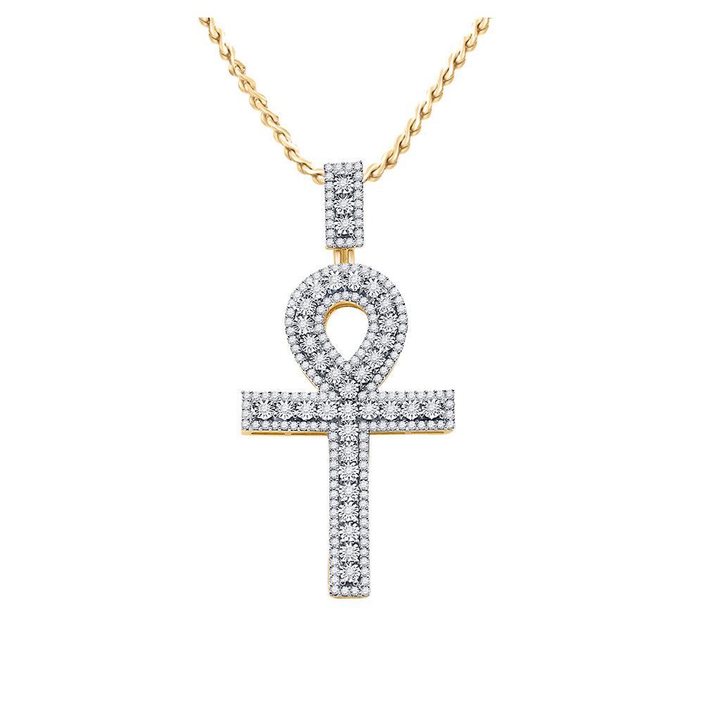 10K Yellow Gold Mens Round Diamond Ankh Cross Charm Pendant 1 Cttw
