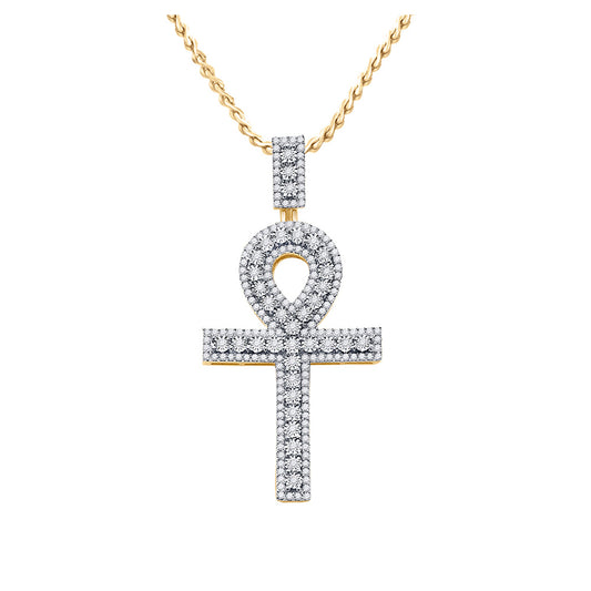 10K Yellow Gold Mens Round Diamond Ankh Cross Charm Pendant 1 Cttw