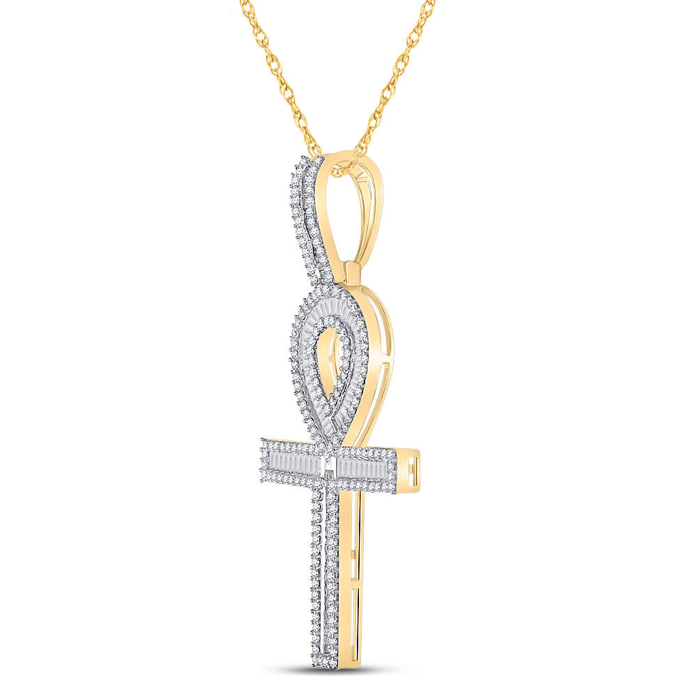 10K Yellow Gold Mens Baguette Diamond Ankh Cross Charm Pendant 1-5/8 Cttw, Length: 2.04 In, Width: 0.96 In