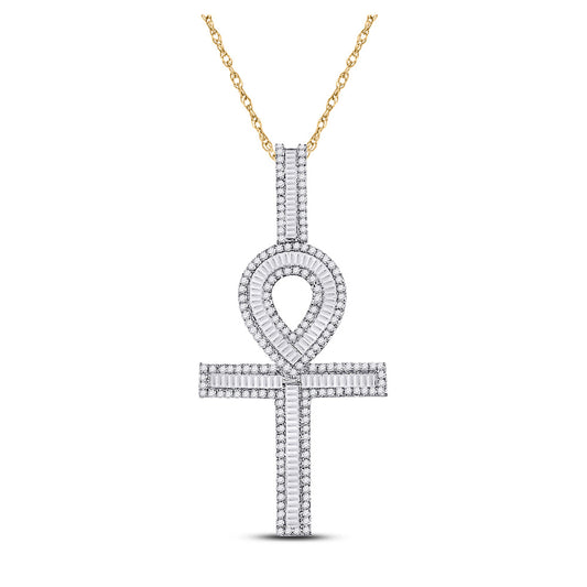 10K Yellow Gold Mens Baguette Diamond Ankh Cross Charm Pendant 1-5/8 Cttw, Length: 2.04 In, Width: 0.96 In