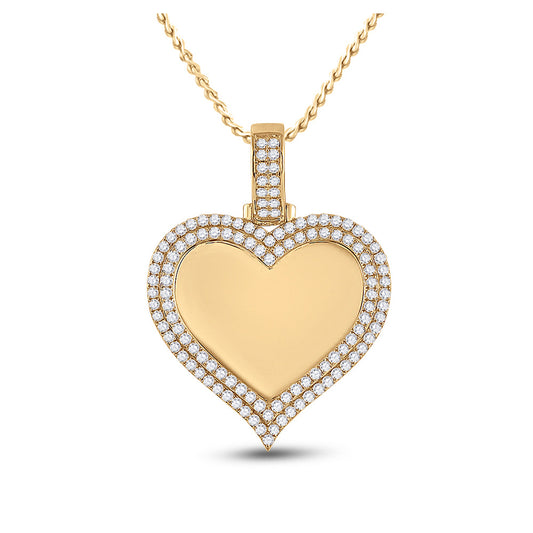 14K Yellow Gold Mens Round Diamond Heart Picture Memory Pendant 2-1/2 Cttw, Length: 1.85 In, Width: 1.4 In