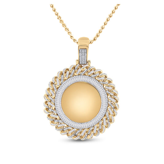 14K Yellow Gold Mens Round Diamond Cuban Link Circle Picture Memory Pendant 3-1/4 Cttw