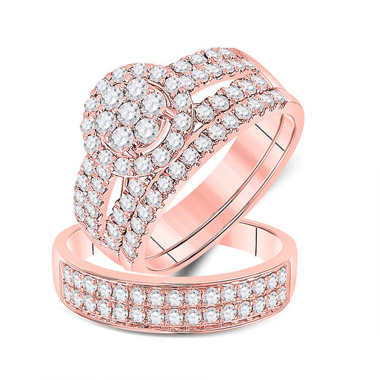 14K Rose Gold His Hers Round Diamond Cluster Matching Wedding Set 1-3/4 Cttw, Womens Size: 5-10, Mens Size: 7-13