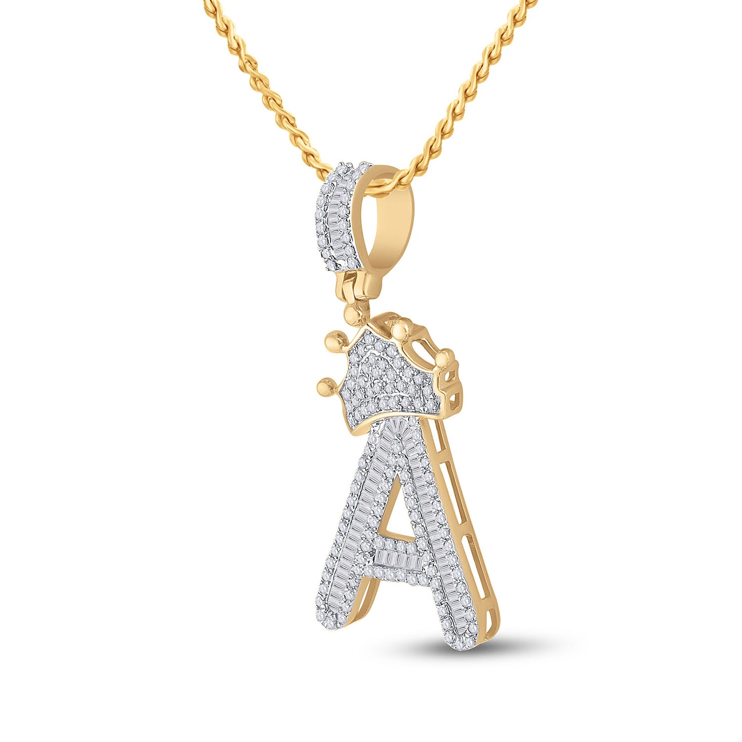 10K Yellow Gold Mens Baguette Diamond Crown Letter Charm Pendant