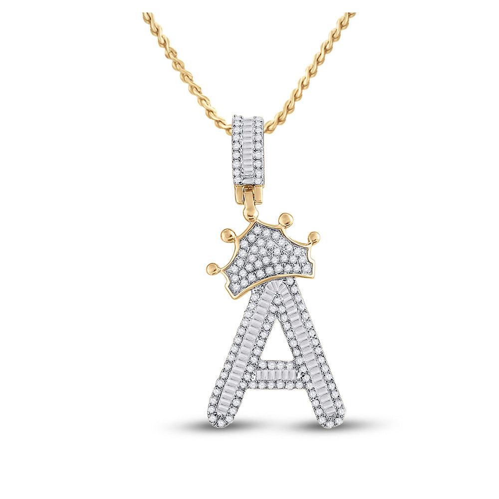 10K Yellow Gold Mens Baguette Diamond Crown Letter Charm Pendant