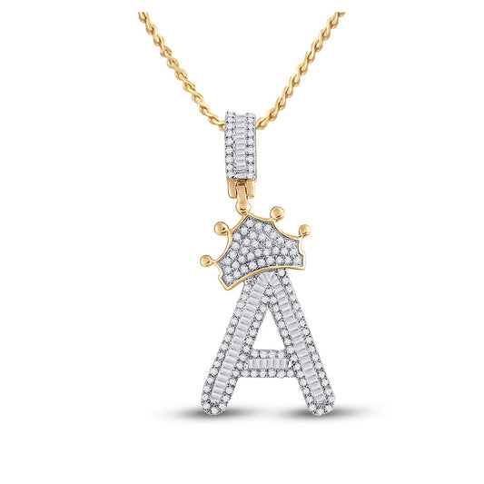 10K Yellow Gold Mens Baguette Diamond Crown Letter Charm Pendant