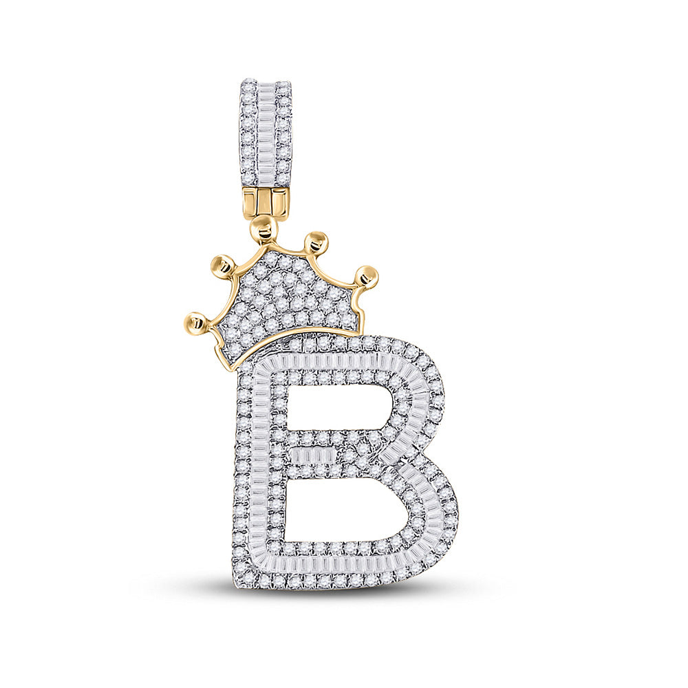 10K Yellow Gold Mens Baguette Diamond Crown Letter Charm Pendant
