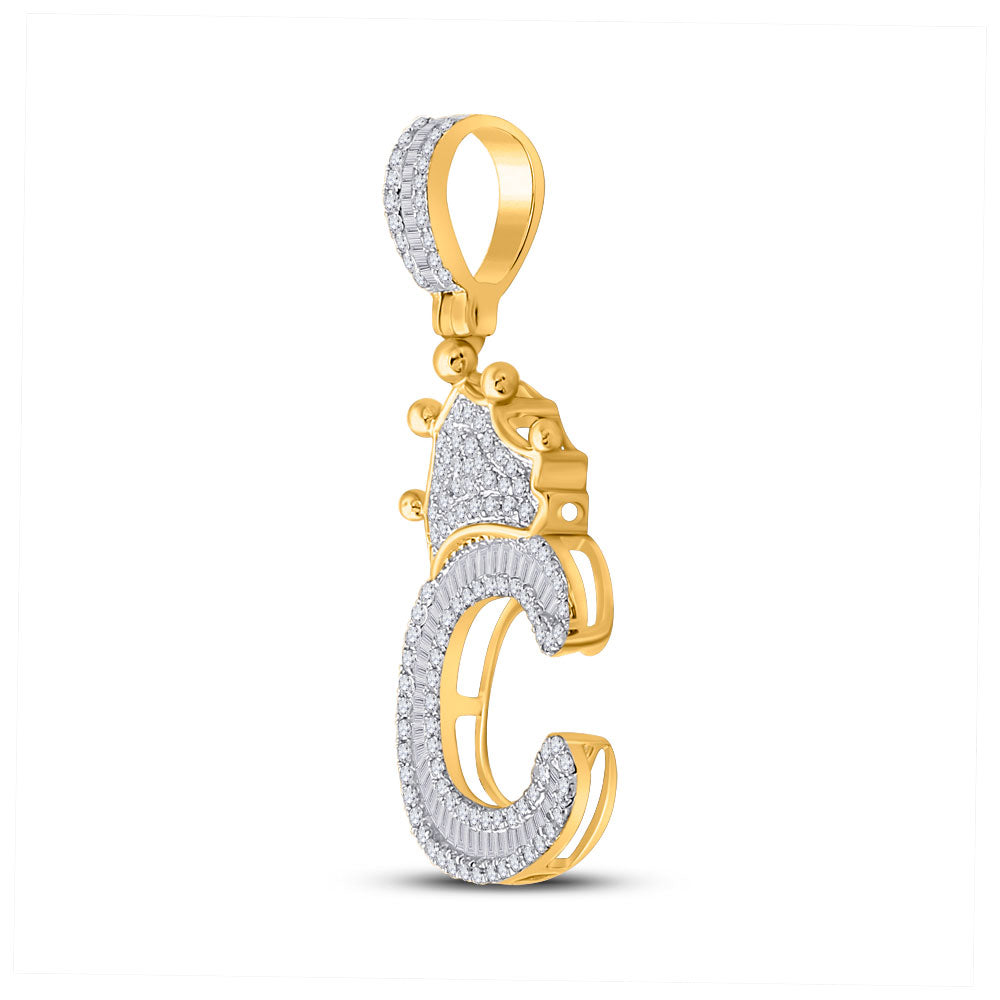 10K Yellow Gold Mens Baguette Diamond Crown Letter Charm Pendant