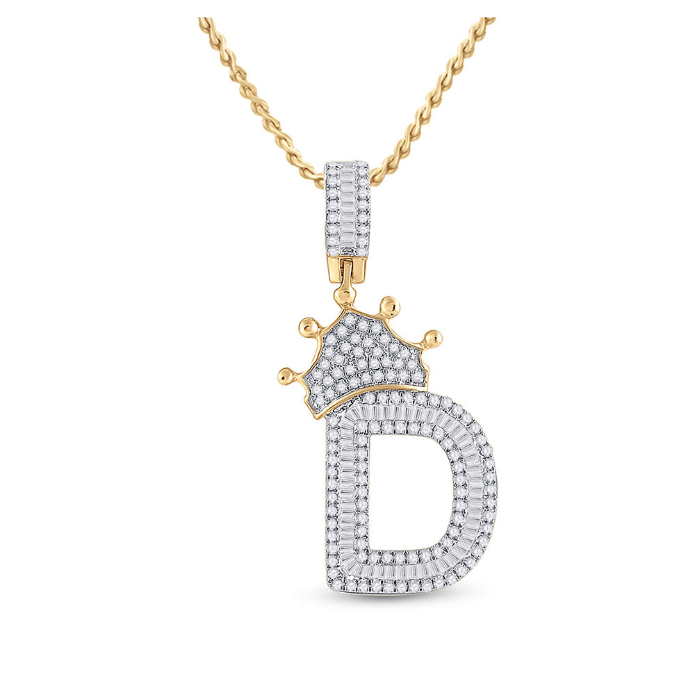 10K Yellow Gold Mens Baguette Diamond Crown Letter Charm Pendant