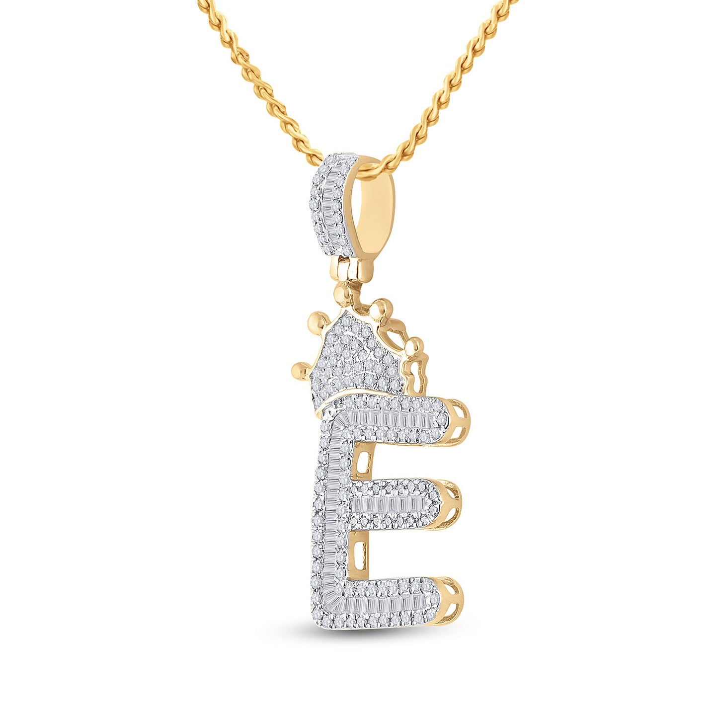10K Yellow Gold Mens Baguette Diamond Crown Letter Charm Pendant
