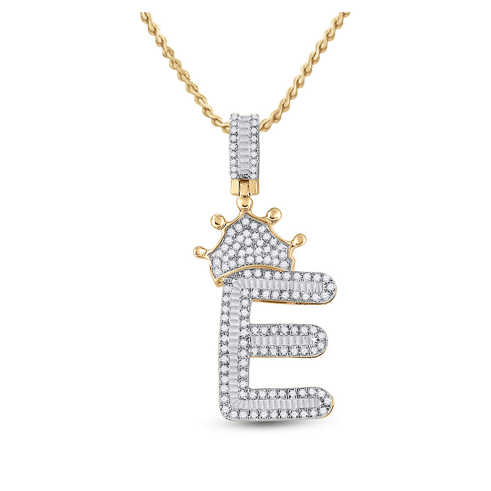 10K Yellow Gold Mens Baguette Diamond Crown Letter Charm Pendant