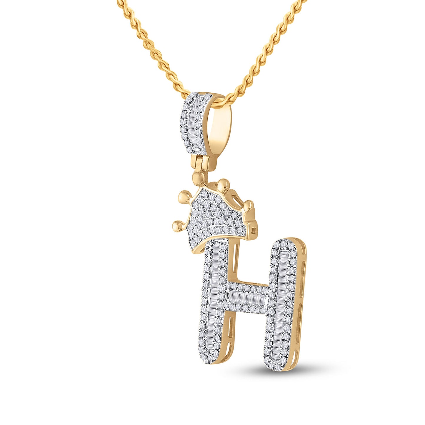 10K Yellow Gold Mens Baguette Diamond Crown Letter Charm Pendant