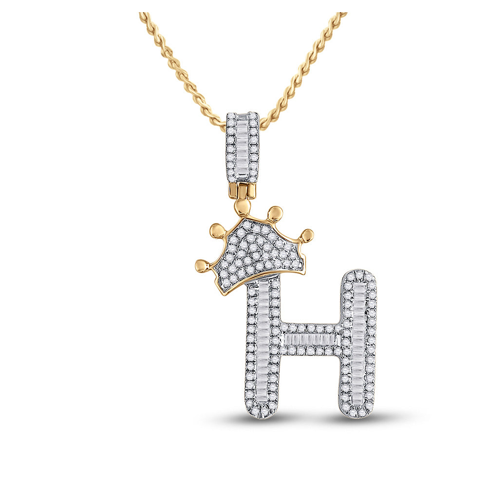 10K Yellow Gold Mens Baguette Diamond Crown Letter Charm Pendant