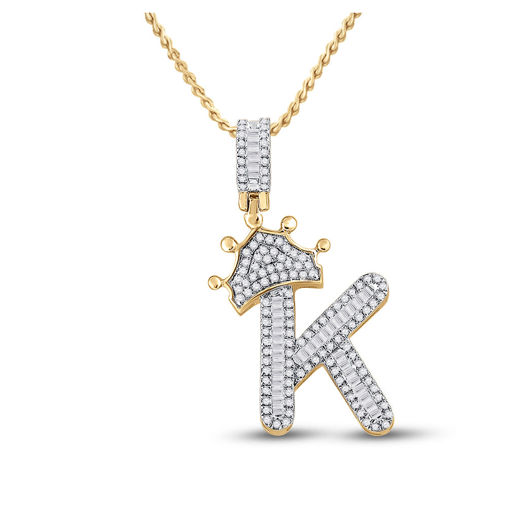 10K Yellow Gold Mens Baguette Diamond Crown Letter Charm Pendant