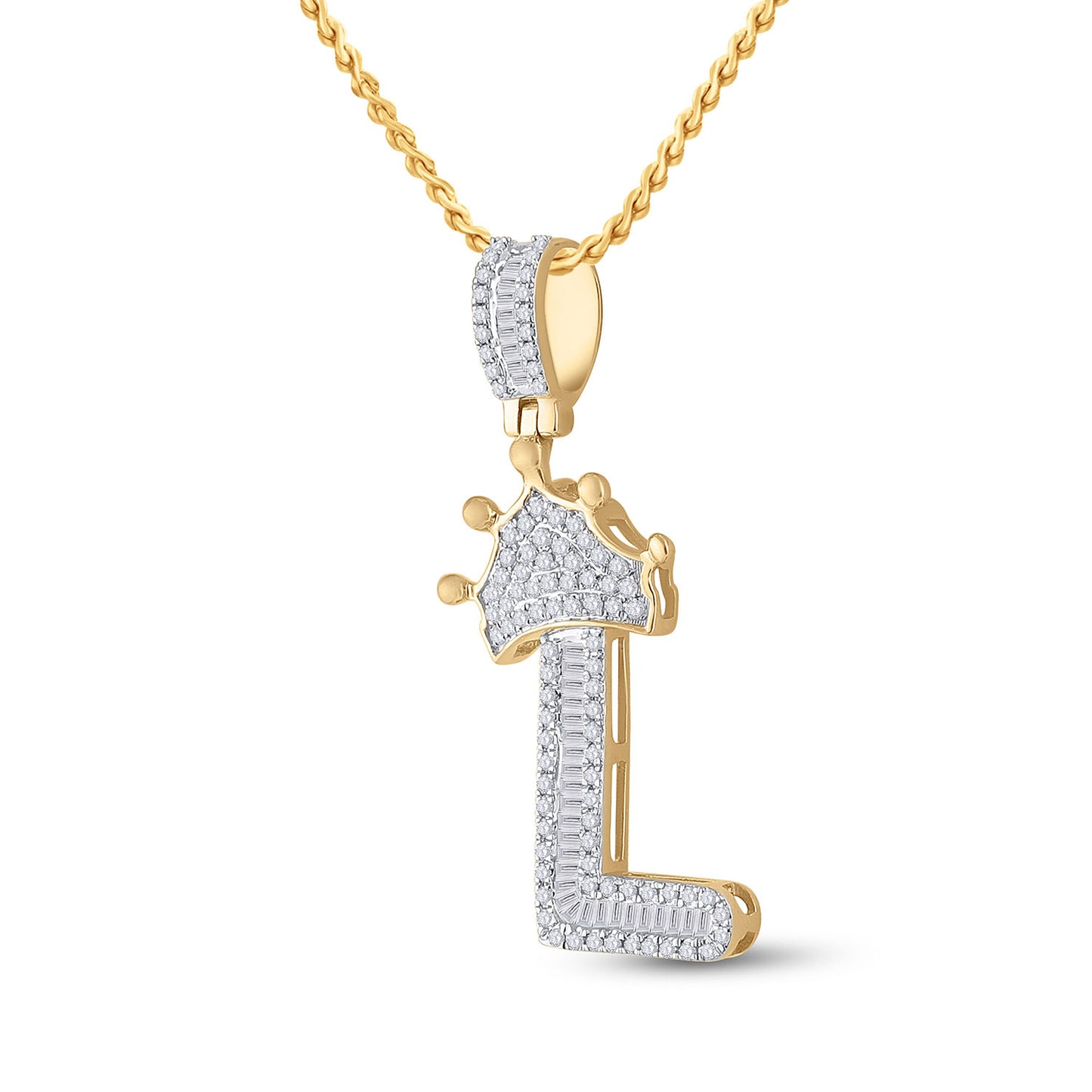 10K Yellow Gold Mens Baguette Diamond Crown Letter Charm Pendant