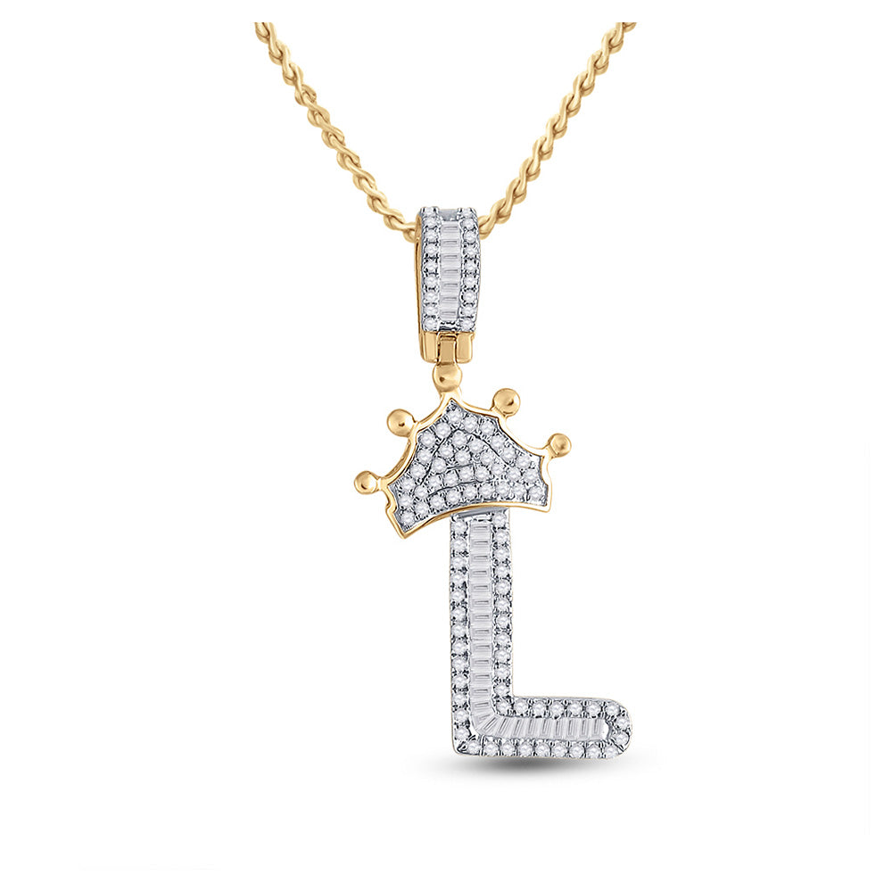 10K Yellow Gold Mens Baguette Diamond Crown Letter Charm Pendant