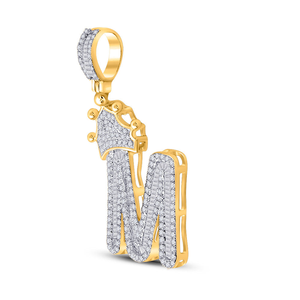 10K Yellow Gold Mens Baguette Diamond Crown Letter Charm Pendant