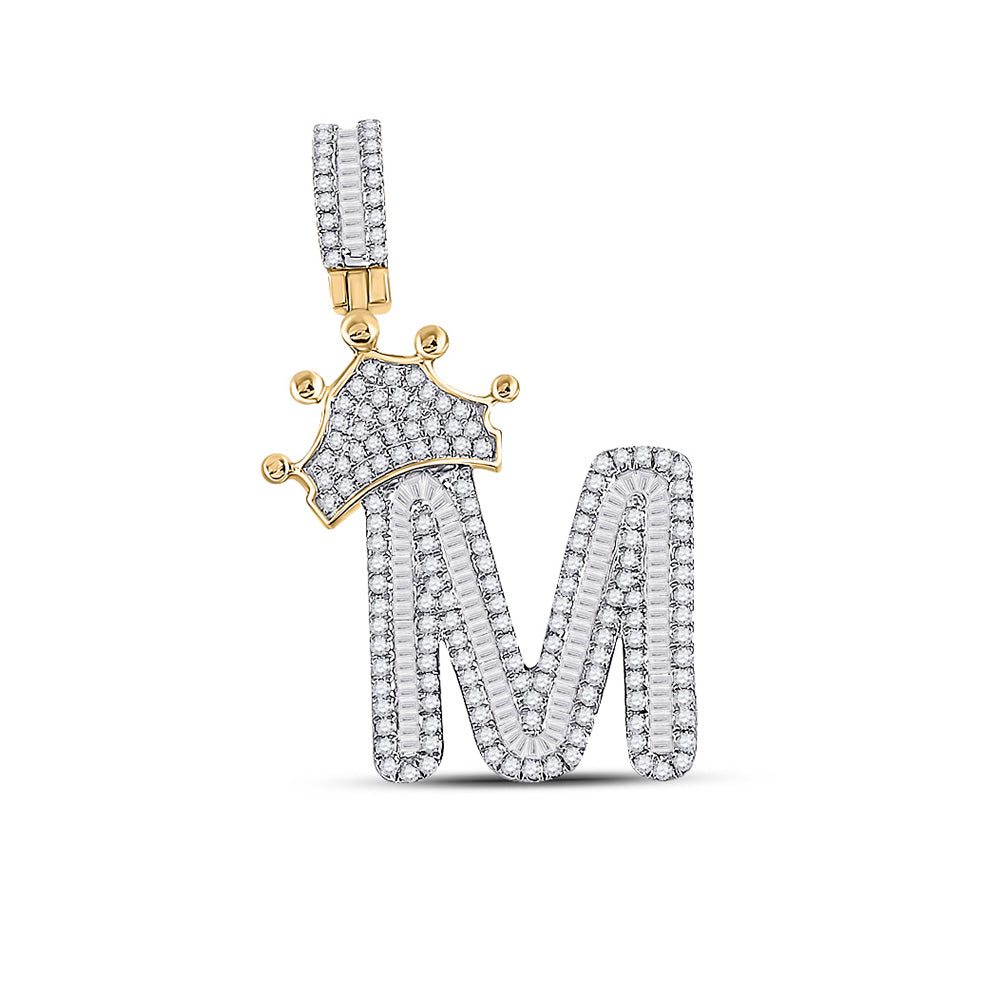 10K Yellow Gold Mens Baguette Diamond Crown Letter Charm Pendant
