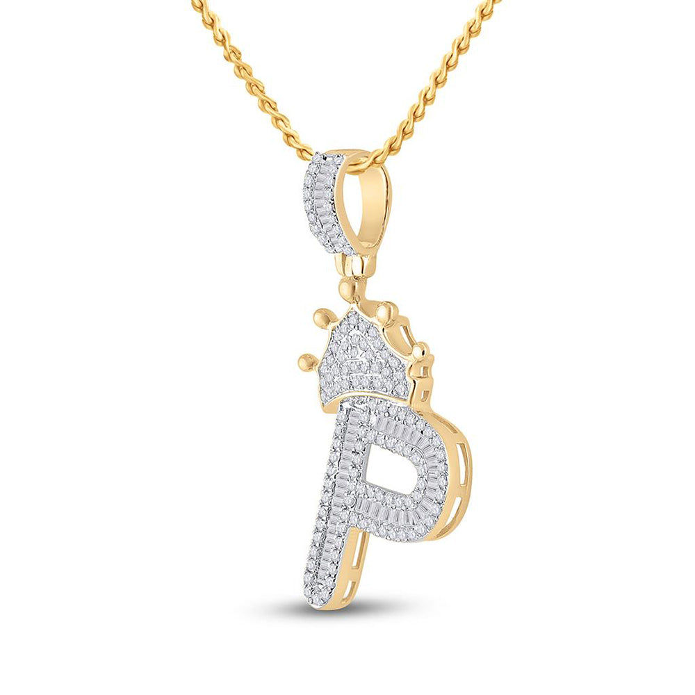 10K Yellow Gold Mens Baguette Diamond Crown Letter Charm Pendant