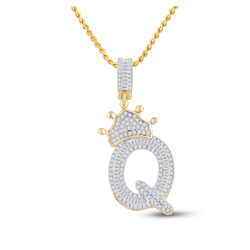 10K Yellow Gold Mens Baguette Diamond Crown Letter Charm Pendant