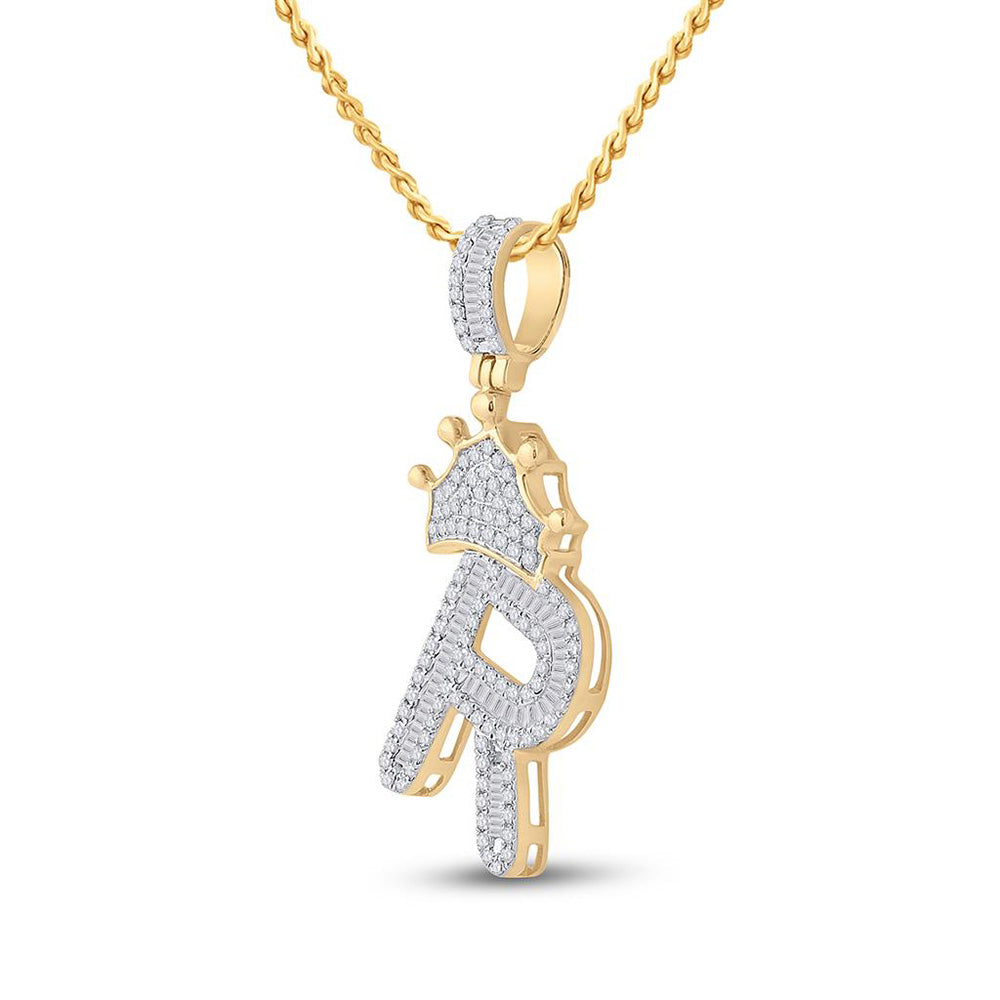 10K Yellow Gold Mens Baguette Diamond Crown Letter Charm Pendant