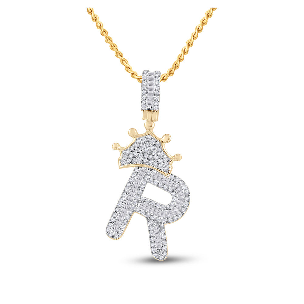 10K Yellow Gold Mens Baguette Diamond Crown Letter Charm Pendant