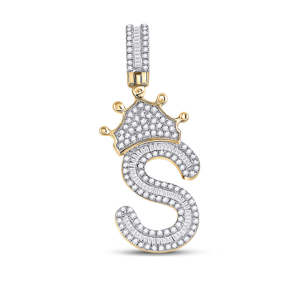 10K Yellow Gold Mens Baguette Diamond Crown Letter Charm Pendant