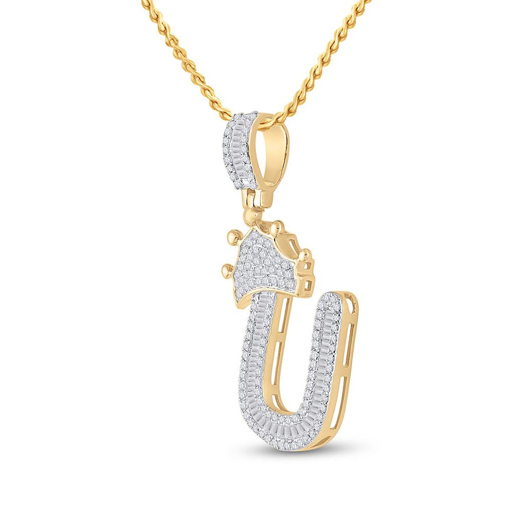 10K Yellow Gold Mens Baguette Diamond Crown Letter Charm Pendant