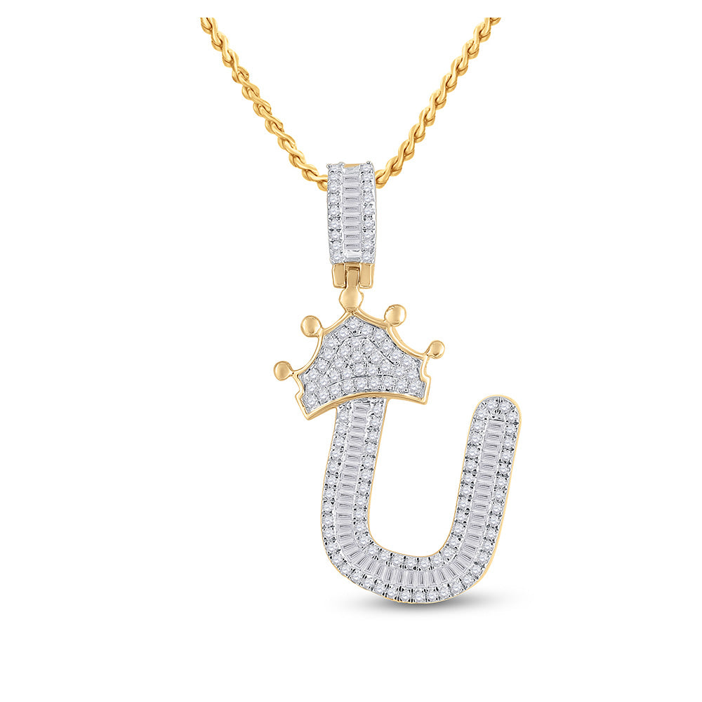 10K Yellow Gold Mens Baguette Diamond Crown Letter Charm Pendant
