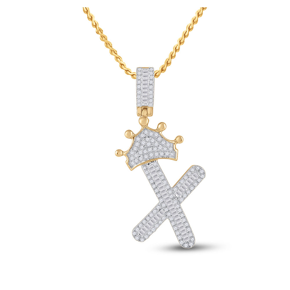 10K Yellow Gold Mens Baguette Diamond Crown Letter Charm Pendant