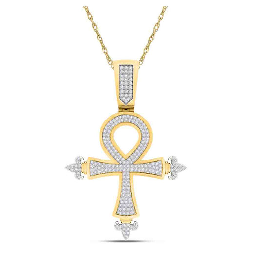 10K Yellow Gold Mens Round Diamond Ankh Cross Charm Pendant 1/2 Cttw