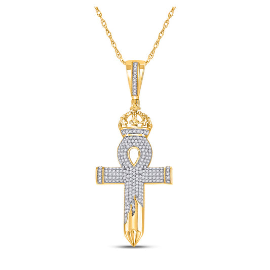 10K Yellow Gold Mens Round Diamond Ankh Nail Cross Charm Pendant 1/2 Cttw