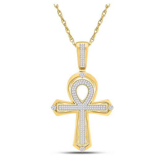 10K Yellow Gold Mens Round Diamond Ankh Cross Charm Pendant 3/8 Cttw