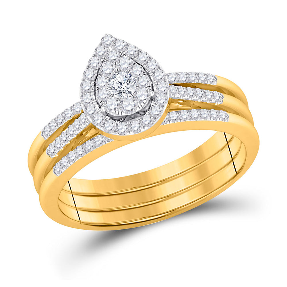 14K Yellow Gold Round Diamond 3-Piece Bridal Wedding Ring Band Set 1/2 Cttw, Womens Size: 5-10