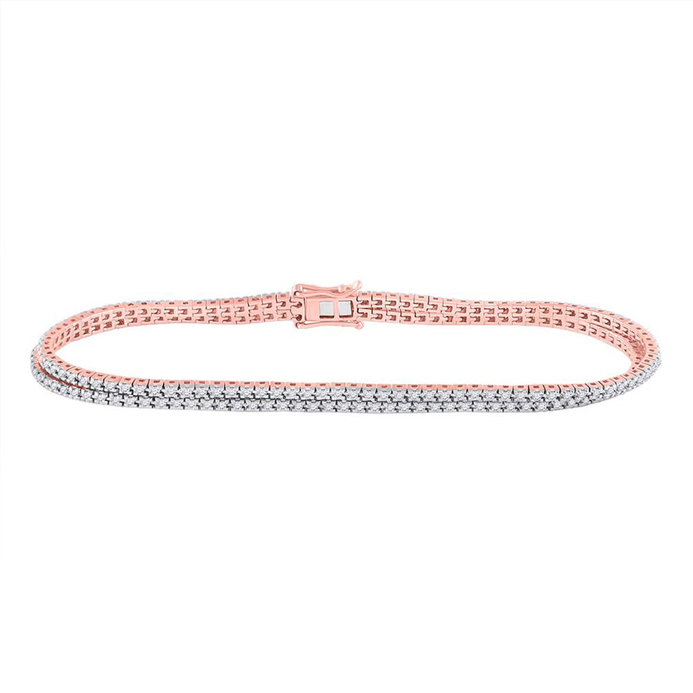 14K Yellow Or Rose Or White Gold  Womens Round Diamond 2-Row Tennis Bracelet 1 Cttw