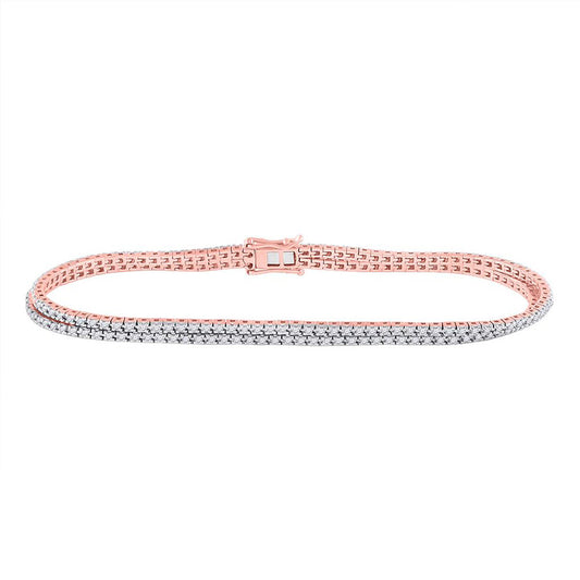 14K Yellow Or Rose Or White Gold  Womens Round Diamond 2-Row Tennis Bracelet 1 Cttw