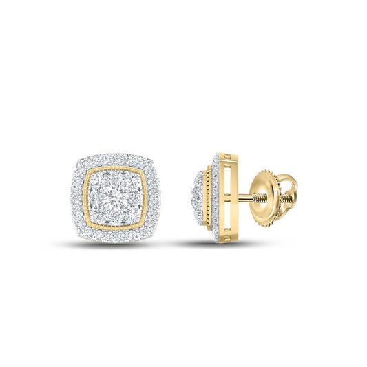 14K Yellow Gold Womens Round Diamond Square Earrings 1/2 Cttw