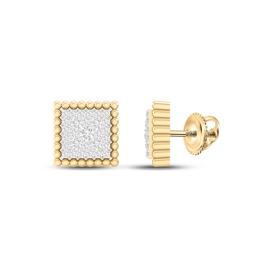 10K Yellow Gold Womens Round Diamond Square Earrings 1/4 Cttw