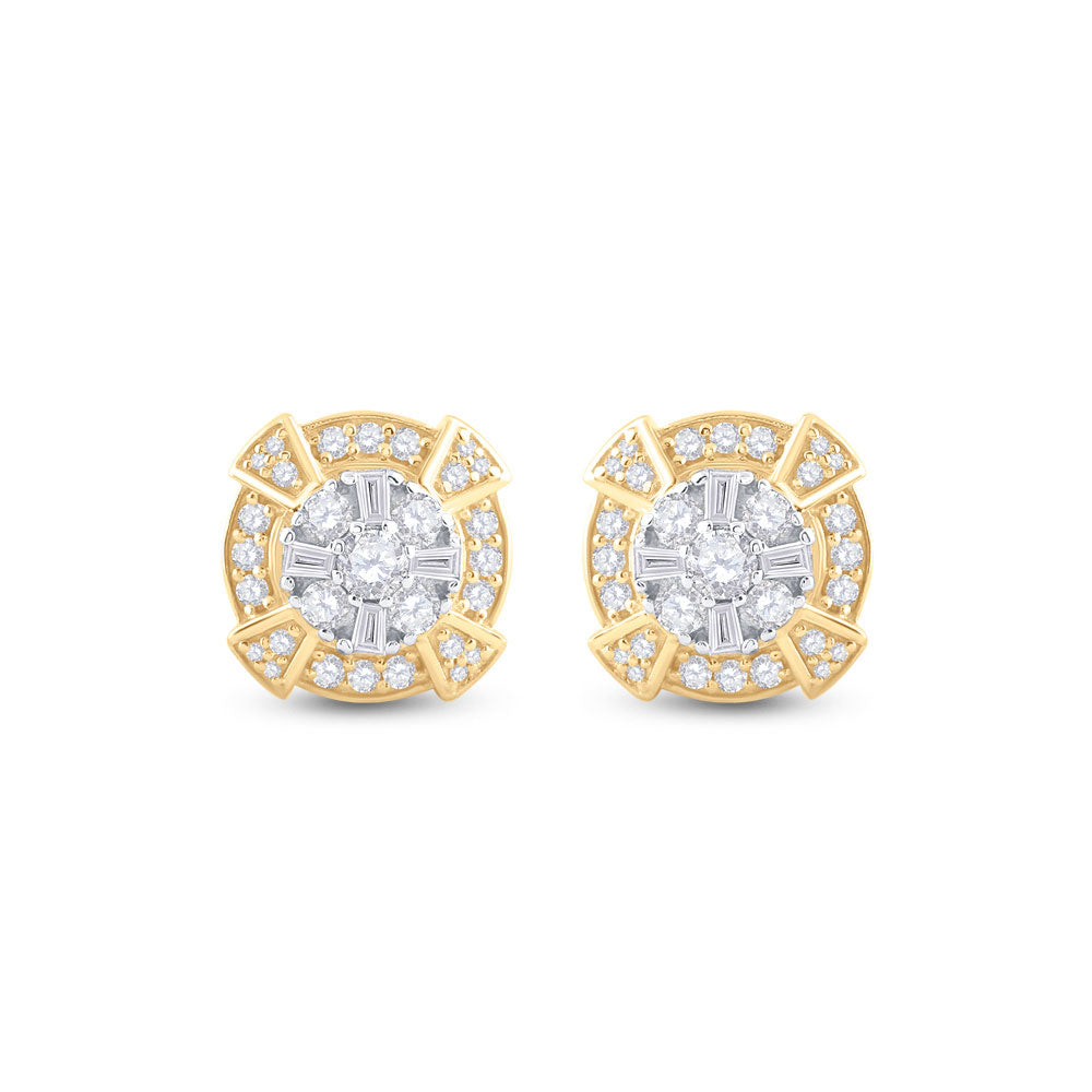 14K Yellow Gold Baguette Diamond Circle Cluster Earrings 3/4 Cttw