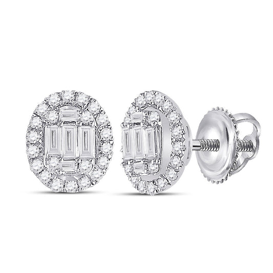 14K White Gold Womens Baguette Diamond Oval Earrings 3/8 Cttw, Length: 0.27 In, Width: 0.17 In