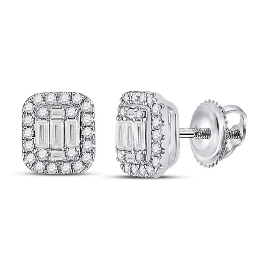 14K White Gold Womens Baguette Diamond Cluster Earrings 7/8 Cttw