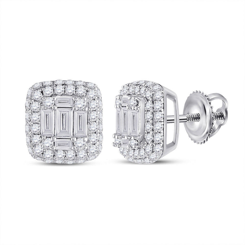 14K White Gold Womens Baguette Diamond Cluster Earrings 1 Cttw