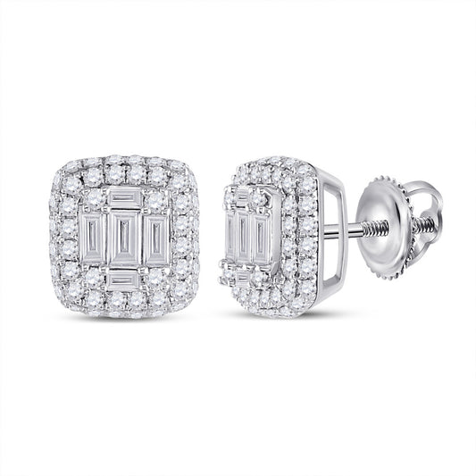 14K White Gold Womens Baguette Diamond Cluster Earrings 1 Cttw