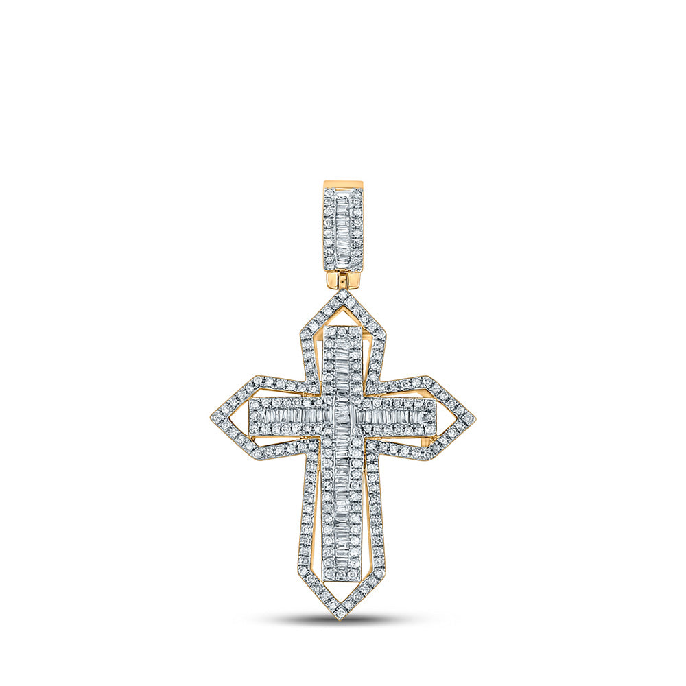 14K Yellow Gold Mens Baguette Diamond Cross Charm Pendant 7/8 Cttw