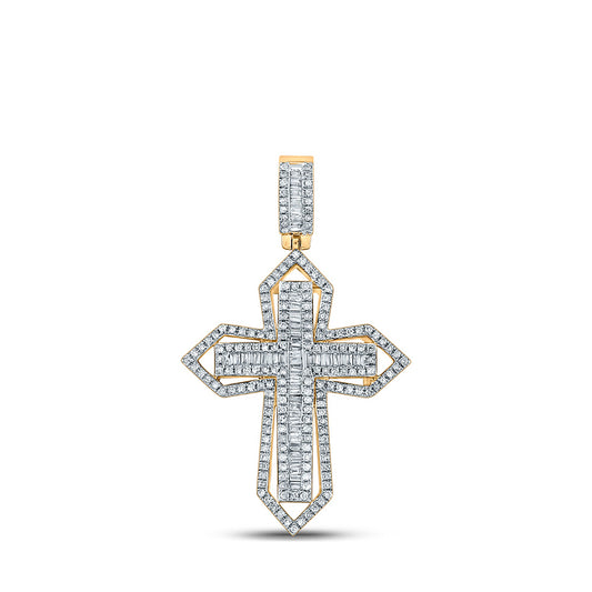 14K Yellow Gold Mens Baguette Diamond Cross Charm Pendant 7/8 Cttw