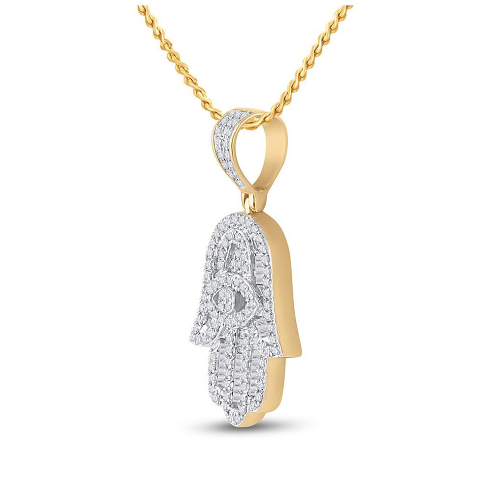 14K Yellow Gold Mens Baguette Diamond Hamsa Hand Charm Pendant 1/2 Cttw, Length: 1.17 In, Width: 0.59 In