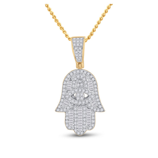 14K Yellow Gold Mens Baguette Diamond Hamsa Hand Charm Pendant 1/2 Cttw, Length: 1.17 In, Width: 0.59 In