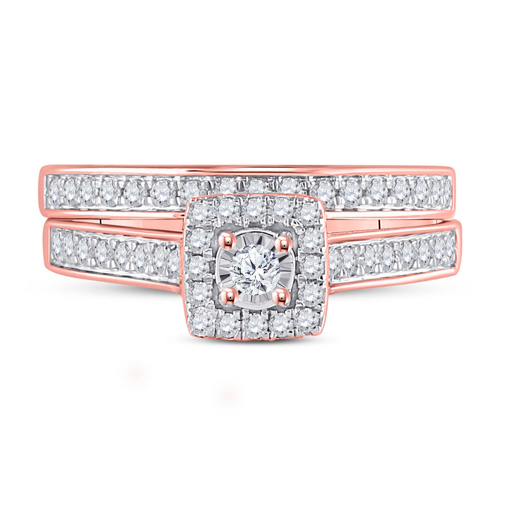 10K Rose Gold Round Diamond Halo Bridal Wedding Ring Band Set 1/2 Cttw, Womens Size: 5-10
