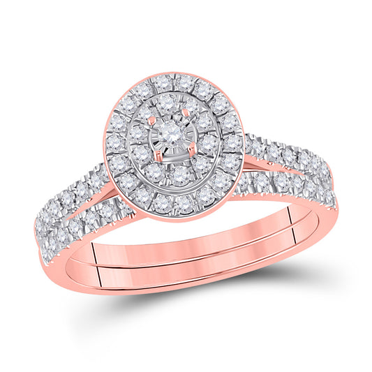 10K Rose Gold Round Diamond Oval Halo Bridal Wedding Ring Band Set 1/2 Cttw, Womens Size: 5-10