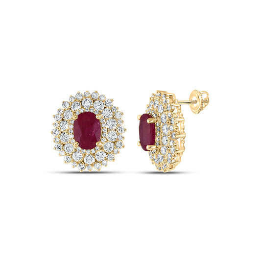 14K Yellow Gold Womens Oval Ruby Diamond Fashion Earrings 5-3/8 Cttw